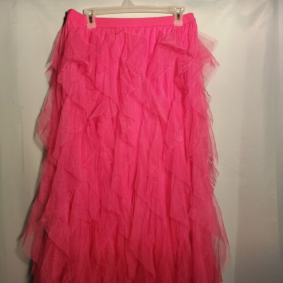 Hot Pink Ruffle Tulle Maxi Skirt – Layered Mesh – Elastic Waist – Size L - Picture 2 of 4